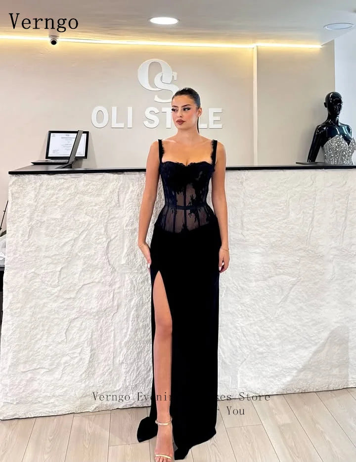 VerngoBlack Chiffon Elegant Evening Dress Spaghetti Straps Mermaid Side Slit Party Dress Sexy Arabia Prom Gown Customized
