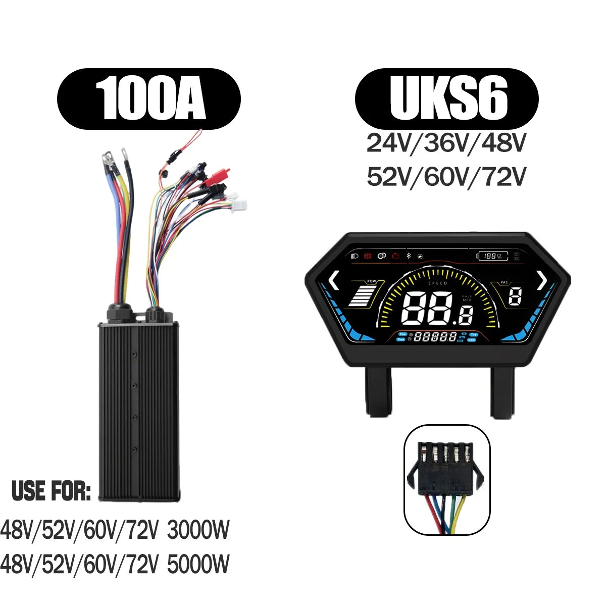 Ebike Sine Wave Display Controller 100A Three-Mode 48V52V60V72V with Learning Function UKC1 LCD Color Display 3000W5000W Motor