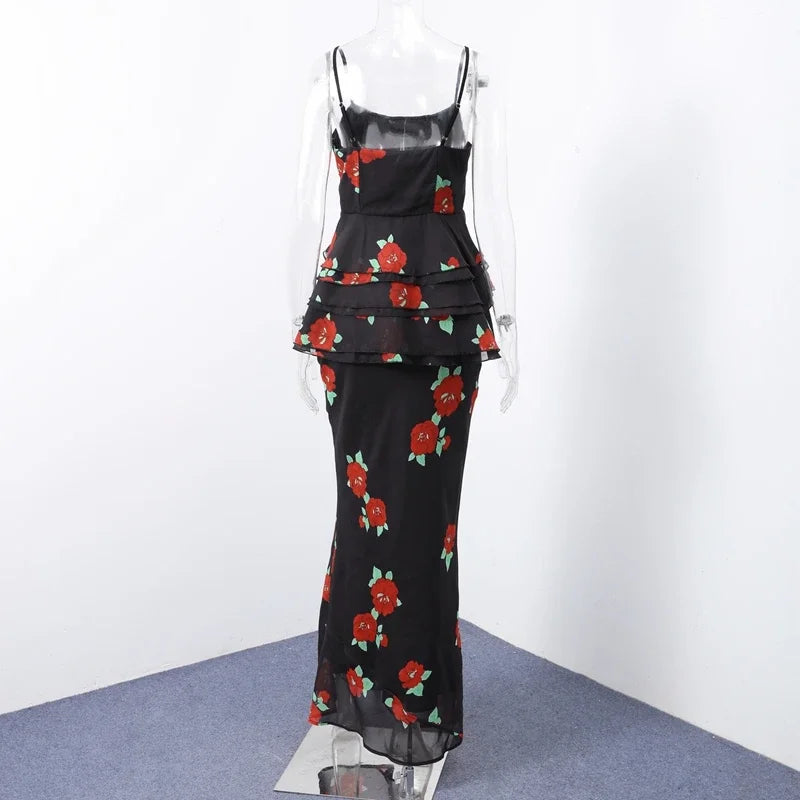 Sexy Flower Print Top Long Skirt Set Women Slim Ruffle Strap U-neck Top Loose High Waist Skirts  Fashion Summer Party Suit