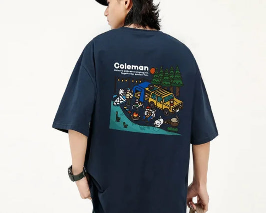 Men's Vintage T-Shirt for Outdoor Camping Fun Print Pure Cotton Loose-Fitting Short Sleeve Summer Shirt for Men and Women
