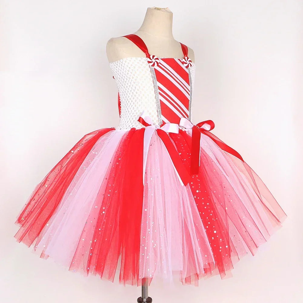 Sparkly Christmas Candy Costumes for Girls White Red Xmas Party Dresses with Bow Socks Kids New Year Tutu Outfit Holiday Clothes