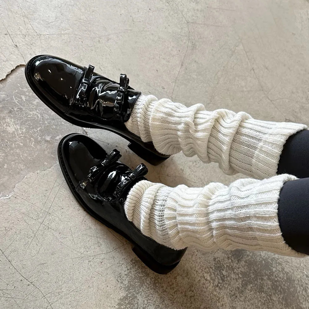 Preppy Double Bowtie Oxfords Woman Low Heels Flats Shiny Small Leather Shoes Ladies College Girls Sneakers Femmes Derby Loafers