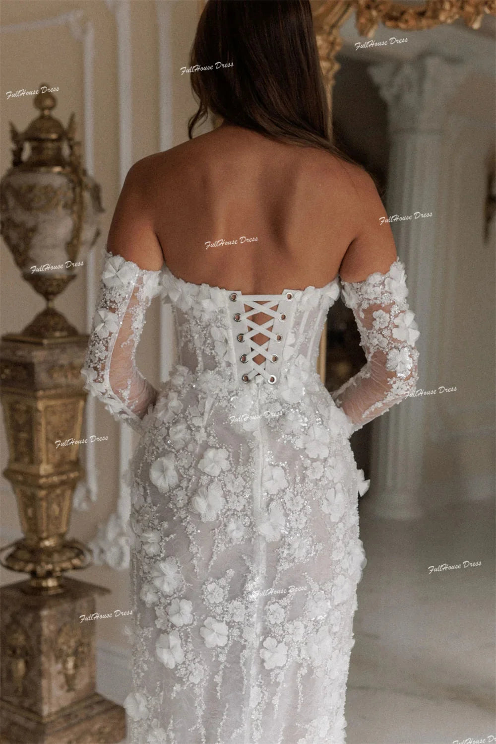 Customized Graceful 3/4 Sleeve Boat Collar 3D Floral Lace Wedding Dress Long Side Slit Lace up Back Bridal Dress for Party