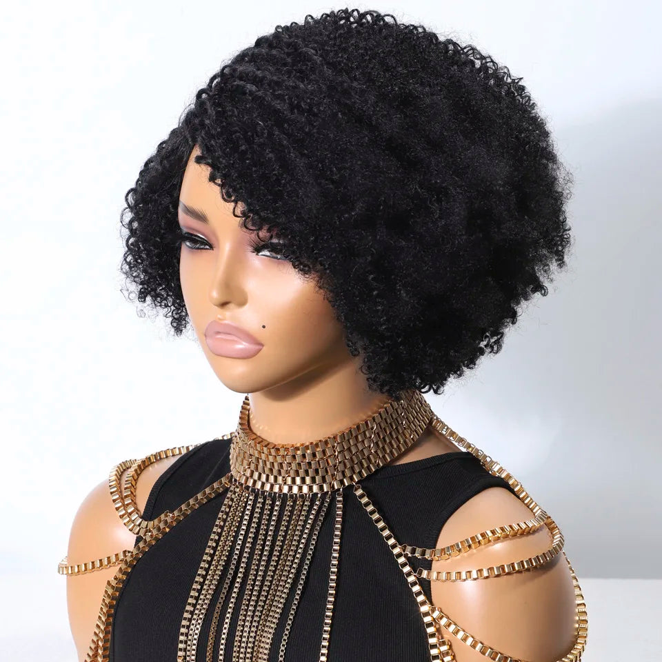 Lekker Short Pixie Afro Kinky Curly C Part Lace Bob 100% Human Hair Wigs For Women Brazilian Remy Hair Glueless Daily Black Wigs