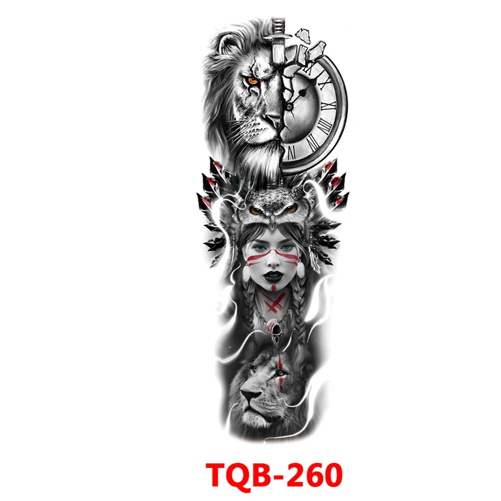Full-arm Tattoo Stickers With The Crown Of The Virgin Of Jesus And Lion Waterproof Tattoo Stickers
