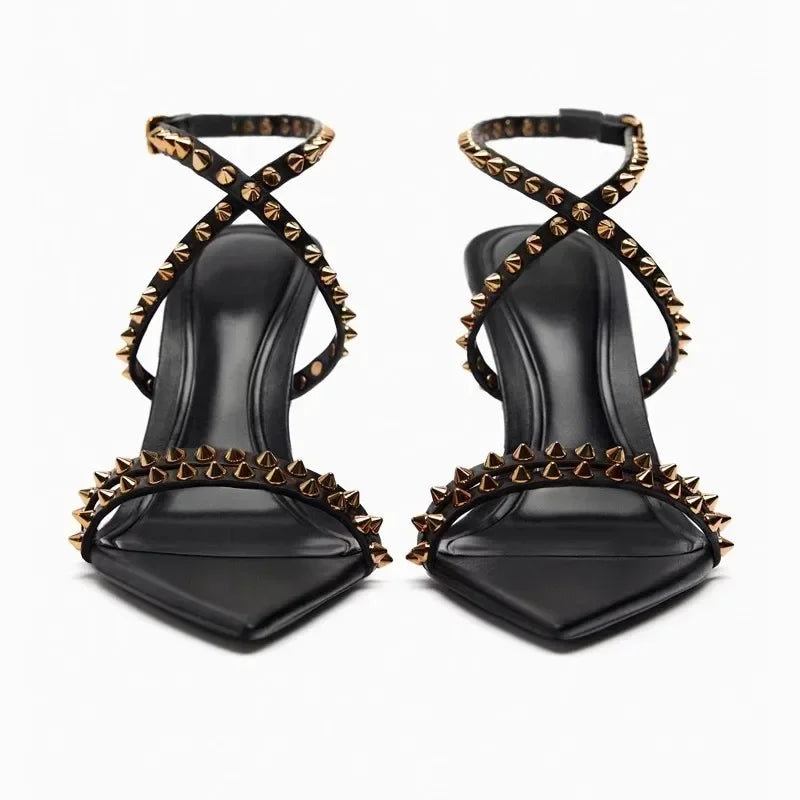 Luxury Designer Rivet Embellished Thin Heeled Sandals Women Summer Sexy Pointed Toe Ankle Strap High Heels Elegant Party Shoes