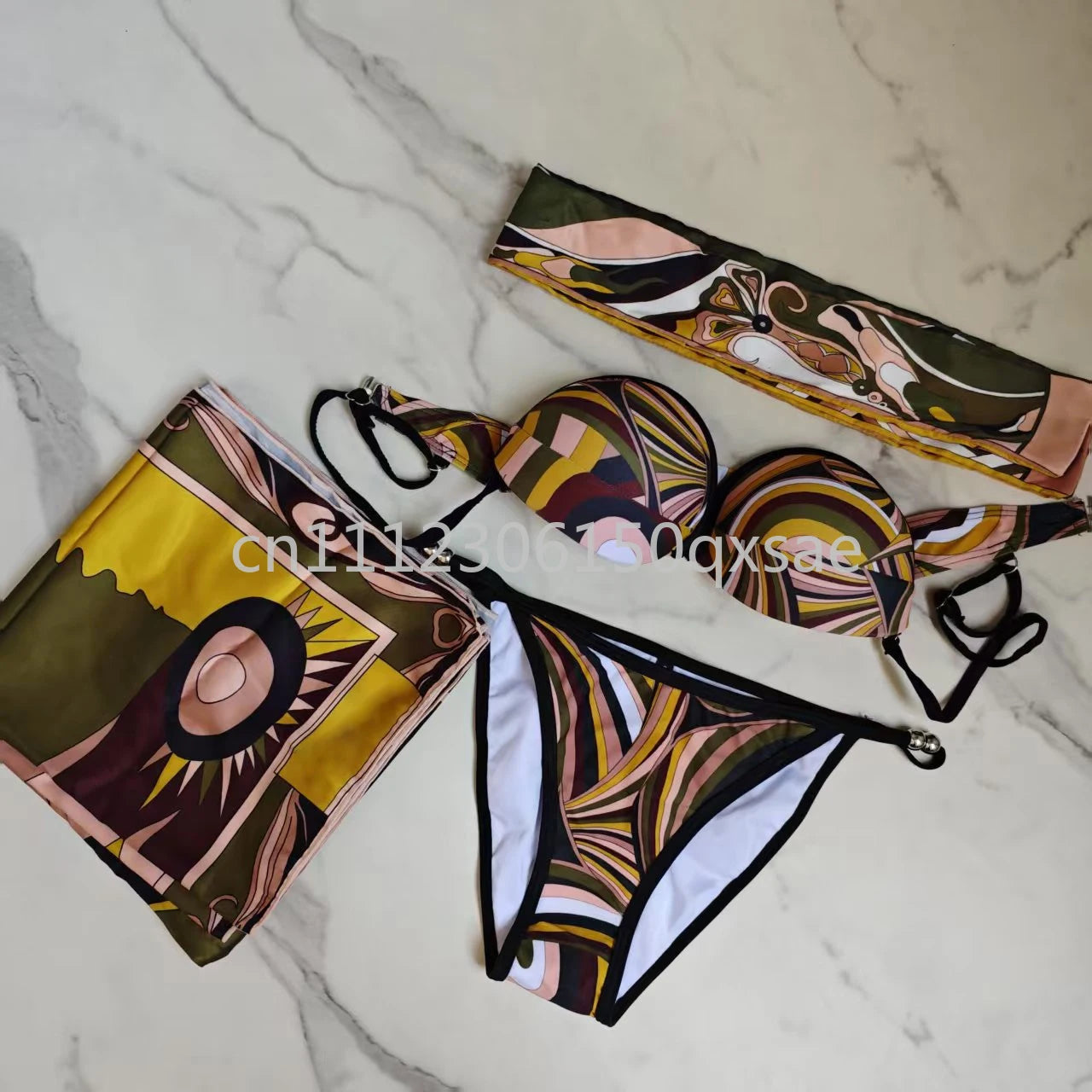 Luxury Design Women's Brown Headband Scarf Swimsuits with Letter Signature Logo Classic Brand Headband Bikini Sets Beachwear