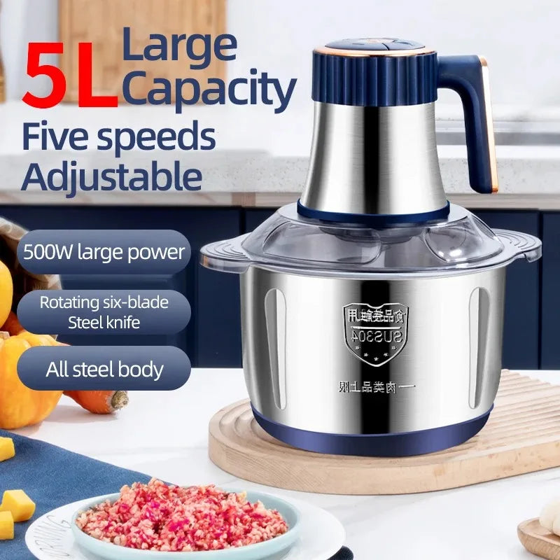 5L Home Electric Stainless Steel Meat Grinder 500W Powerful Vegetable Fruit Food Processor Chopper Slicer Food Grinder