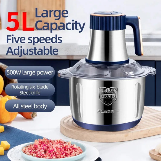 5L Home Electric Stainless Steel Meat Grinder 500W Powerful Vegetable Fruit Food Processor Chopper Slicer Food Grinder