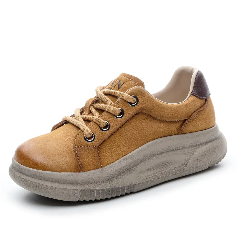 DRKANOL Spring Genuine Leather Casual Sneakers Women Thick Bottom Platform Lightweight Single Shoes Ladies Wedges Heel Shoes