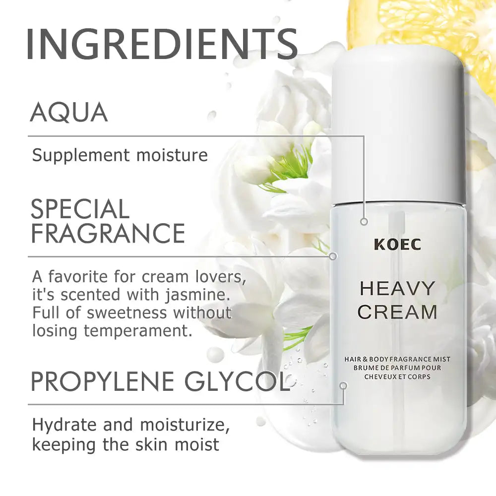 50ml KOEC Heavy Cream Fragrance Mist Perfume Moisturizing Refreshing Triple Notes Jasmine Vanilla Lemon Sugar Propylene Glycol