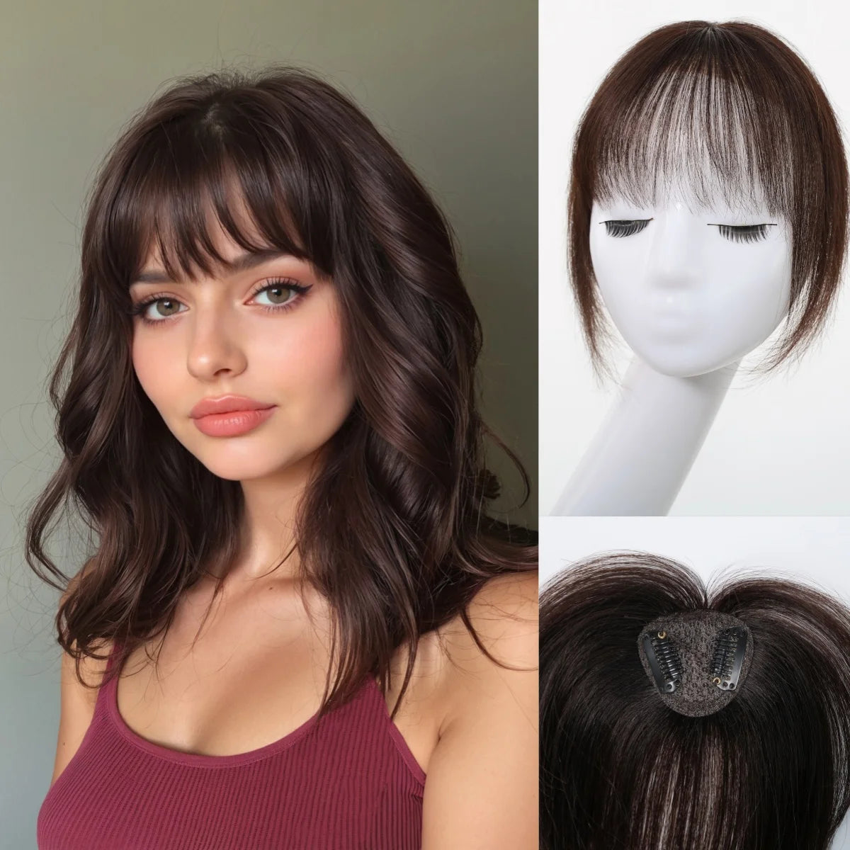 100% Human Hair Blonde Ombre Blunt Cut Wispy Bangs with Sideburns 5x5cm Clip-in Fringe Hairpiece with Top Hair Patch for Daily