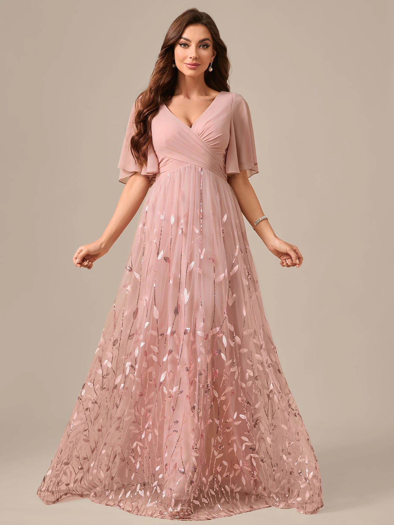 UNITHORSE Random Cutting V-neck Lace-Trimmed Sleeves Chest Pleats Leaf Pattern Tulle Patchwork Evening Dress