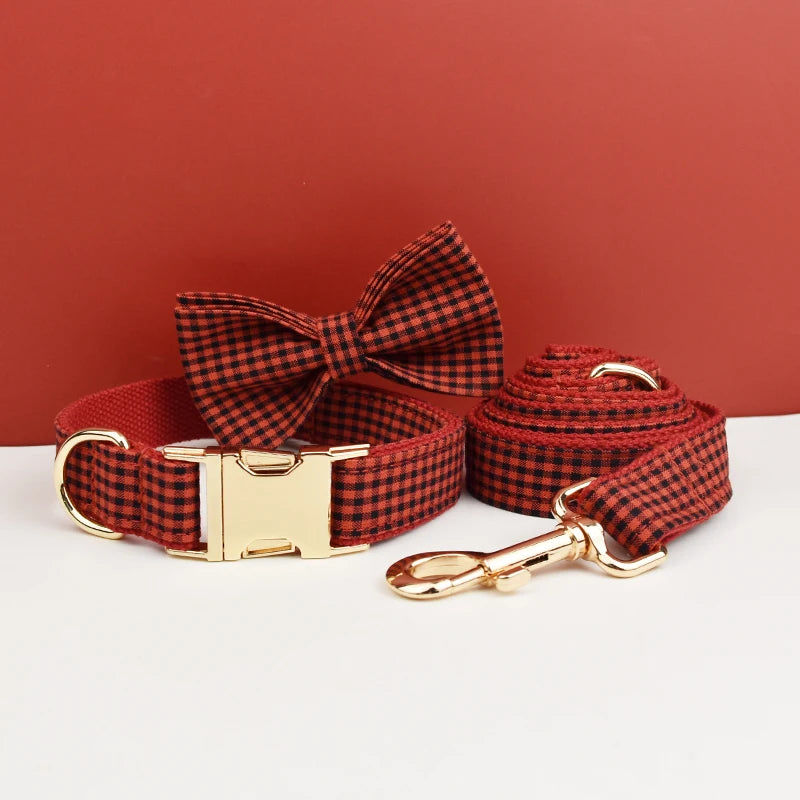 Plaid Dog Collar Designer With Bow Tie Custom Dog Accessories Luxury Pet collar leash set