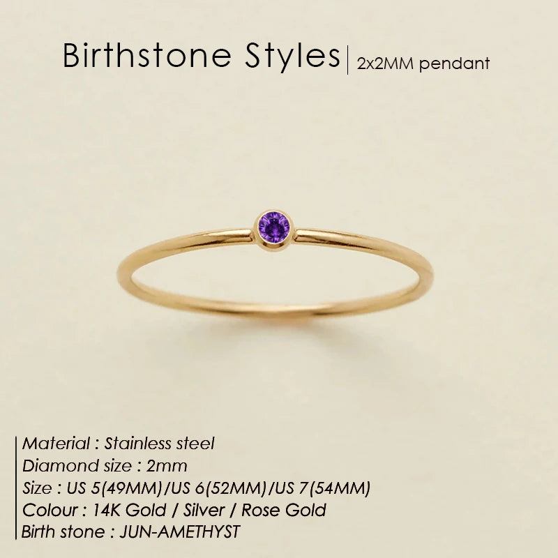 14K Gold Plated Stainless Steel Birthstone Ring for Women Tiny Thin Stacking Ring Colorful Zircon Crystal Aesthetic Jewelry Gift