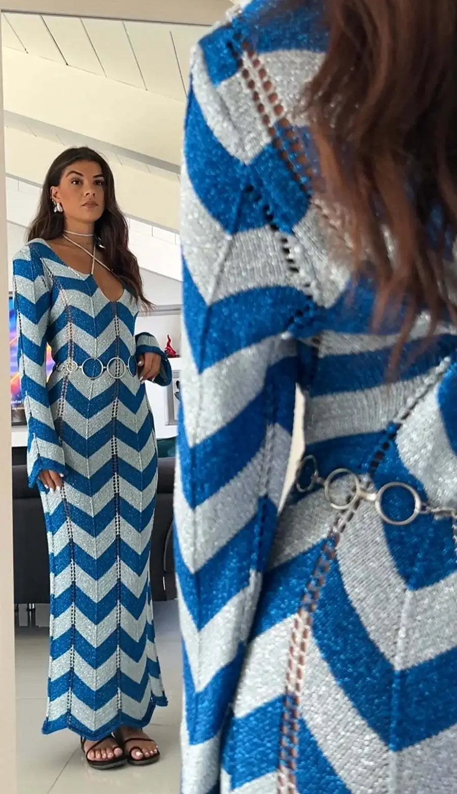 2025 Women's  Stripled Long Sleeve Slim Elegant Knitted Maxi Dress V Neck Autumn New Lace Up Hollow Sexy Beach Cover Up Dress