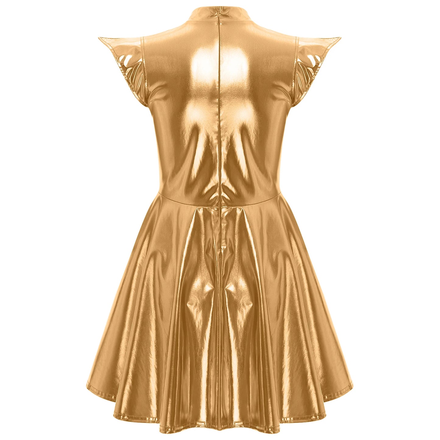 Womens High Waist A-line Dress Shiny Metallic Mock Neck Cap Sleeve Dress Modern Pole Dance Rave Party Bar Club Wear Street Wear
