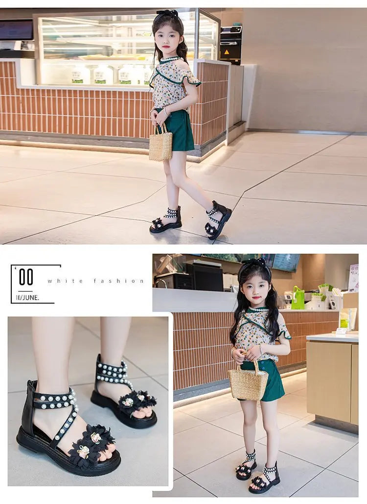 Girls Summer Sandals Soft Bottom Toe-Open Cute Princess Shoes Middle Large Children Little Girls Student Beach Shoes