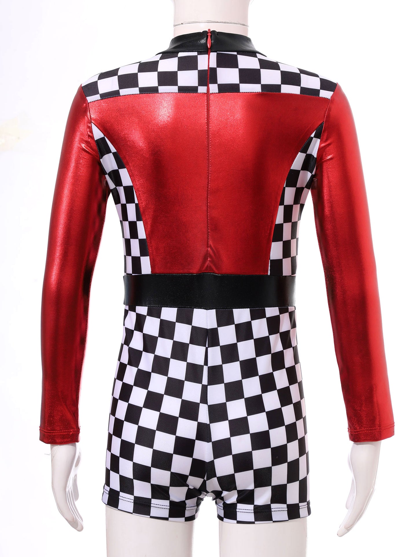 Kids Girls Checkerboard Racer Costume Halloween Car Driver Cosplay Leotard Dress with Tulle Skirt Themed Party Driving Roleplay