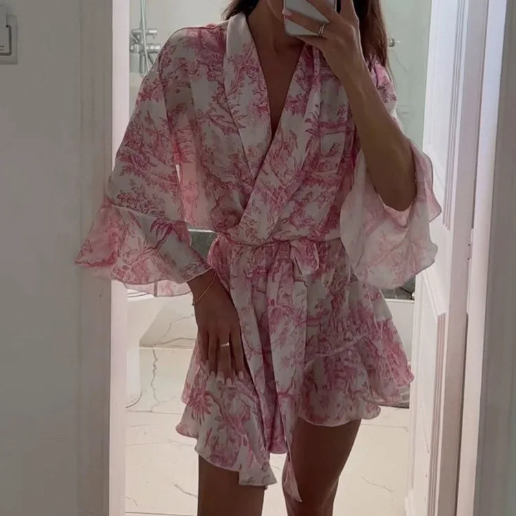Tossy Ruffled Printed Lace-Up MIni Dress Women V-Neck Patchwork Contrast Fashion Elegant Bandage Party Dress Female Summer Dress