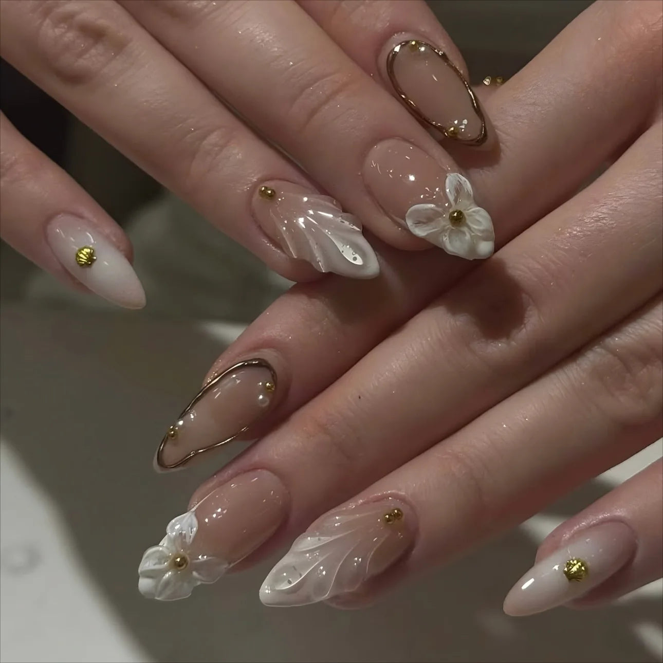 24pcs Long Almond False Nails with Flower Pearl Rhinestone Design Fake Nails Leopard Print Press on Nails Sets Finished Manicure