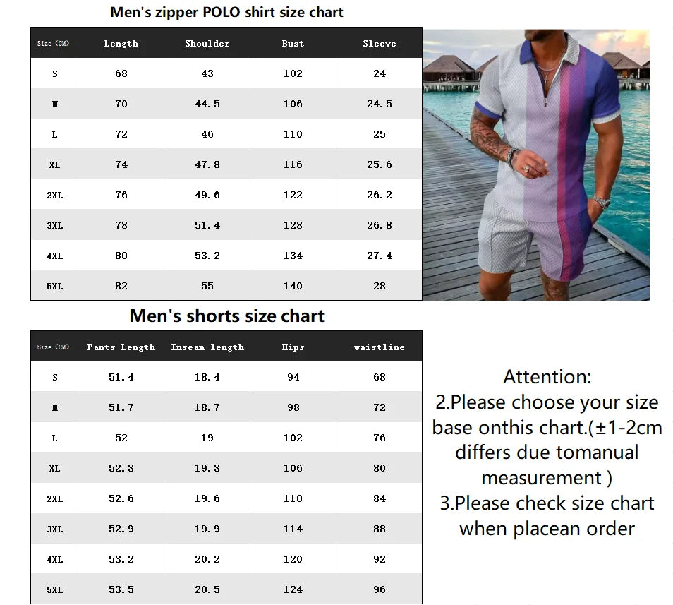 Men Tracksuit Summer New 3D Printed Beach Zipper Polo Shirts Shorts 2 Pcs Sets Boho Geometric Style Holiday Clothing Ropa Hombre