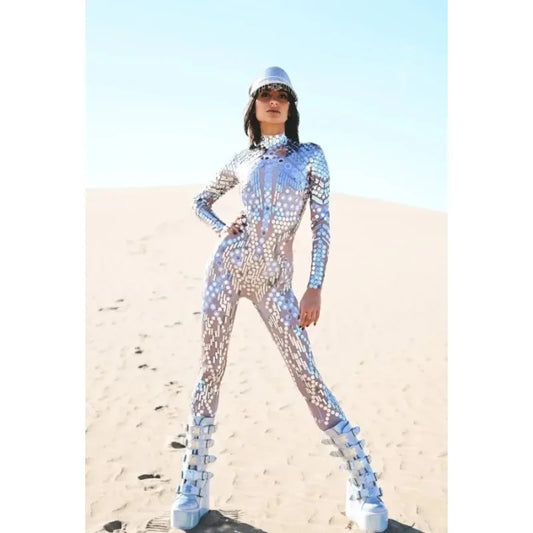 Halloween Cosplay Costume Shiny Sexy Lace Sequins Pattern 3D Printed Slim Bodysuit Theme Party Role Playing Jumpsuit for Women