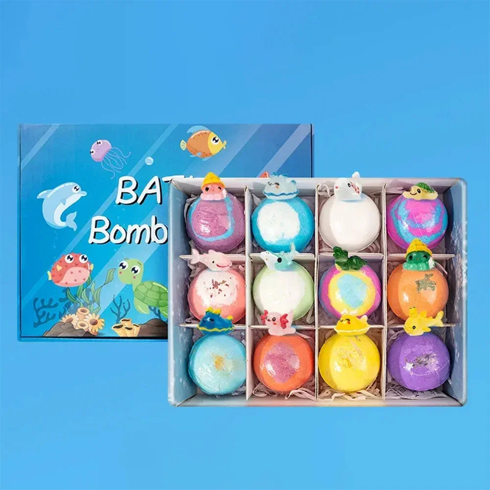 12PCS Bath Bombs Kids Bath Gift Ocean Bath Ball With Hidden Toys Sea Salt Flower Fruit Scented Bubble Ball Foot Bath Set