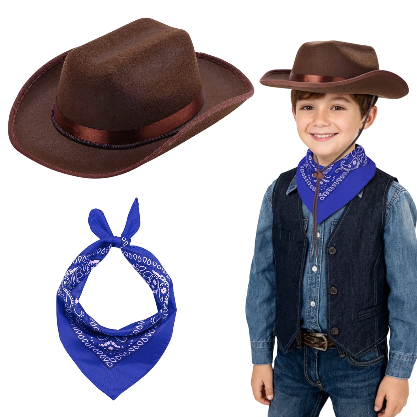 Kids Cowgirl Costume Western Hat Bandana Set Halloween Cosplay Outfits Role Play Accessories