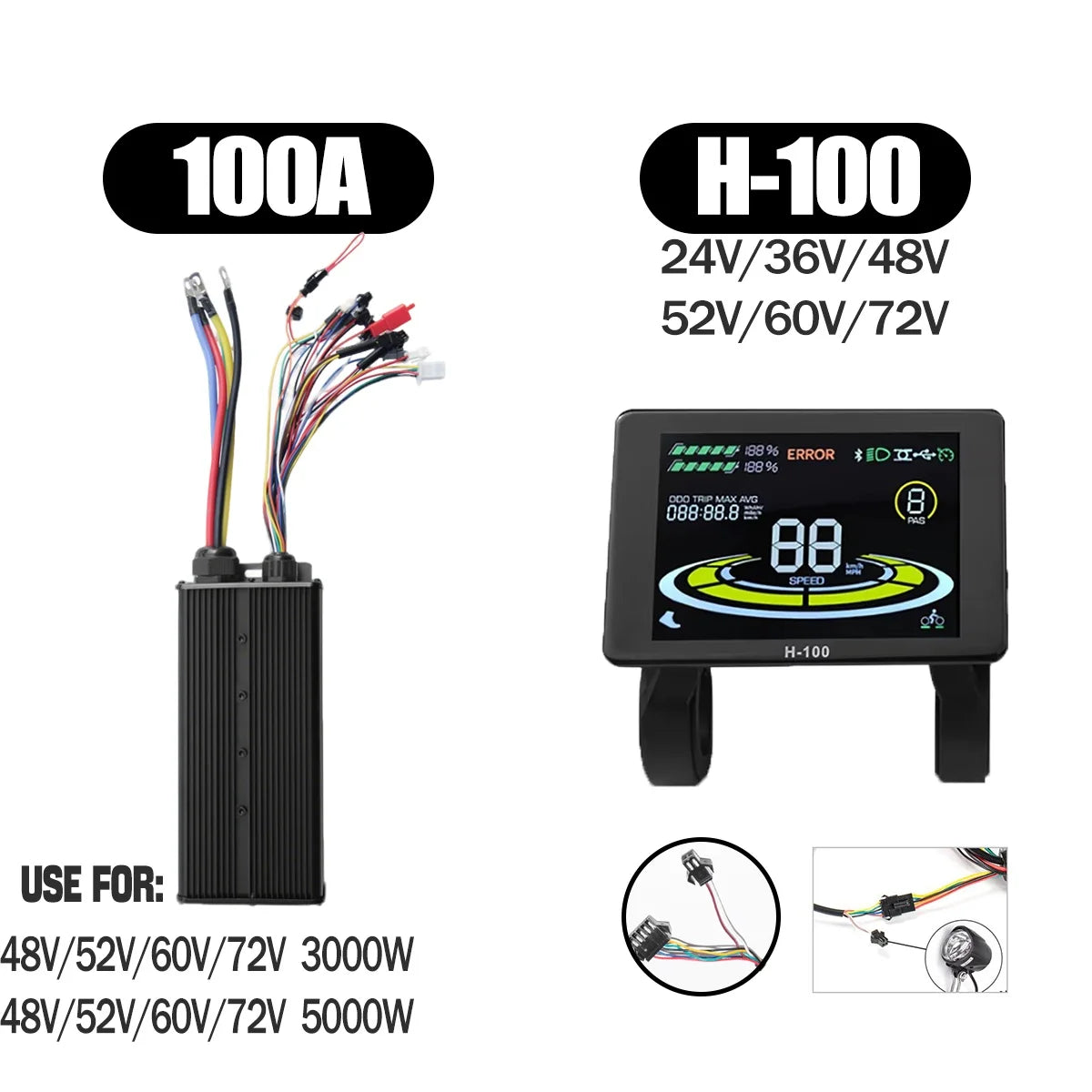 Ebike Sine Wave Display Controller 100A Three-Mode 48V52V60V72V with Learning Function UKC1 LCD Color Display 3000W5000W Motor