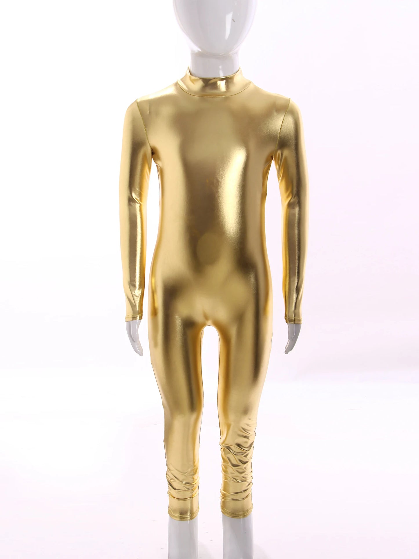 Kids Boys Girls Dance Metallic Jumpsuit Children's Gymnastics Bodysuit Performance Costume Long Sleeve Full Length Leotard