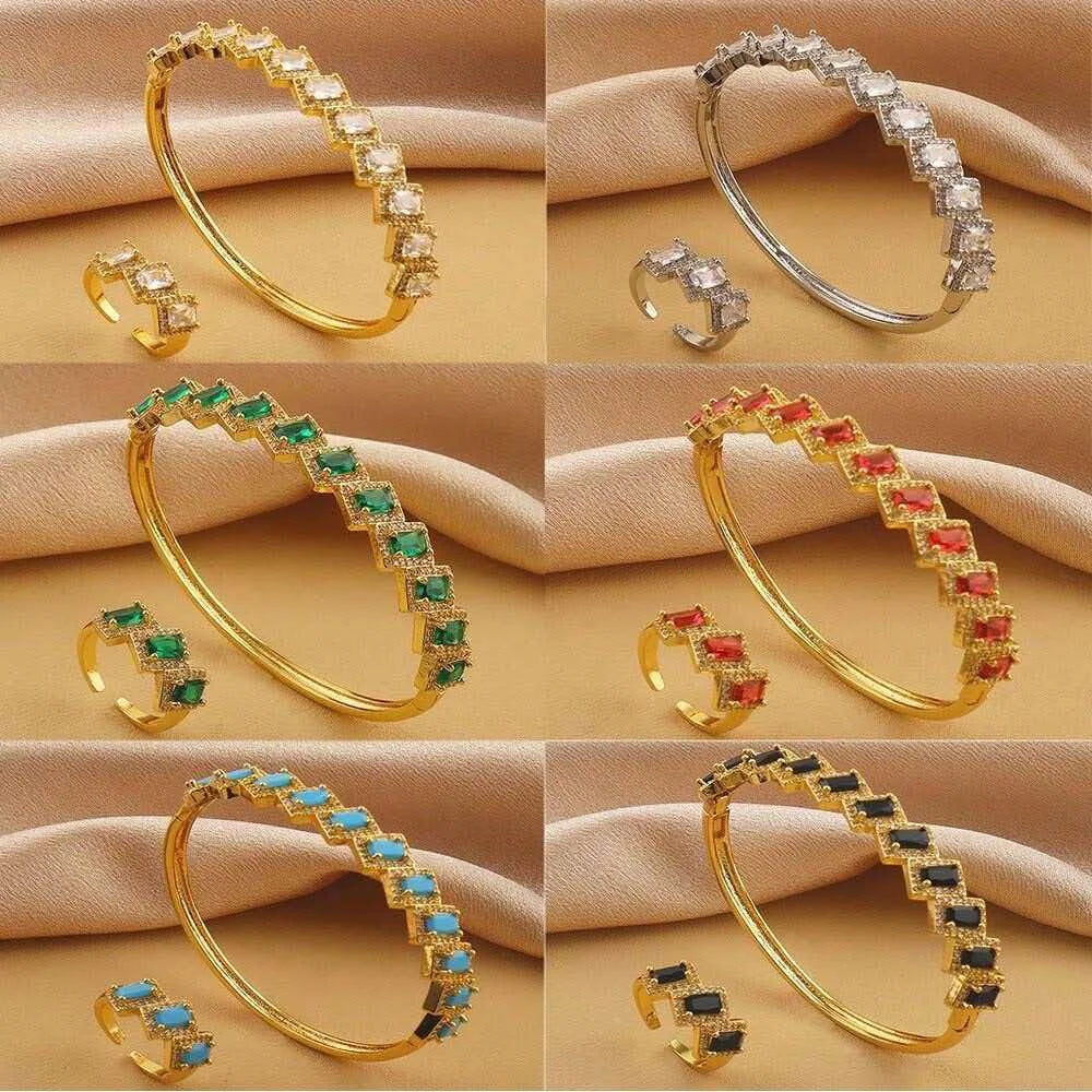 2 pieces/set of bracelets+ring micro inlaid with zircon light luxury multi-color zircon personalized copper gold-plated women's