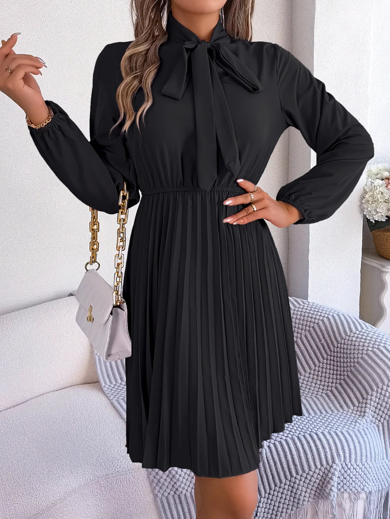 Women Fall Vacation Elegance V Neck Solid Tie Waist Ruffle Hem Pleated Midi Dress Long Sleeve Wedding Dress