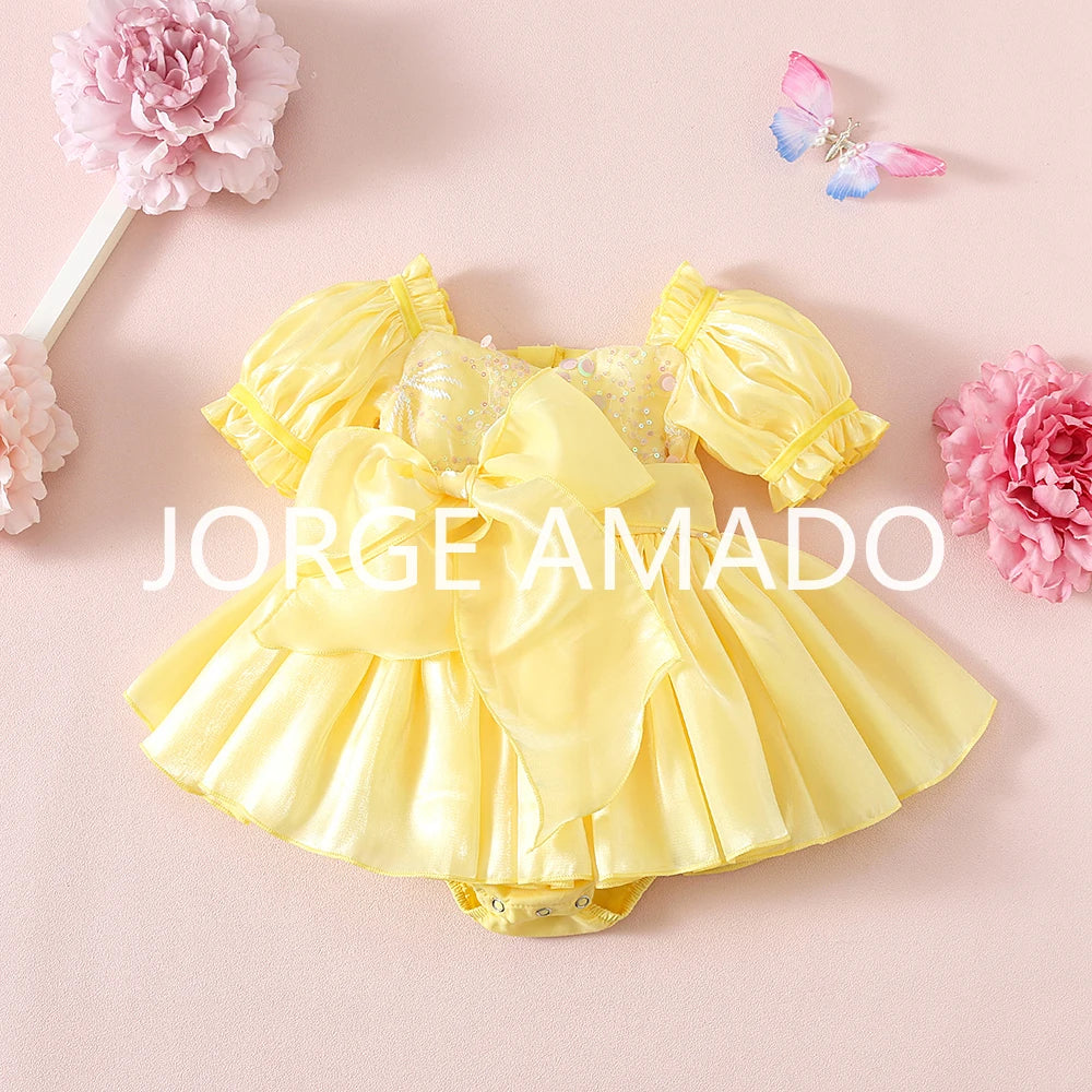 New Summer Sister Girl Matching Romper Dress Short Sling Sleeves Big Bow Bodysuit Sequined Princess Dresses Twins Clothing H1518