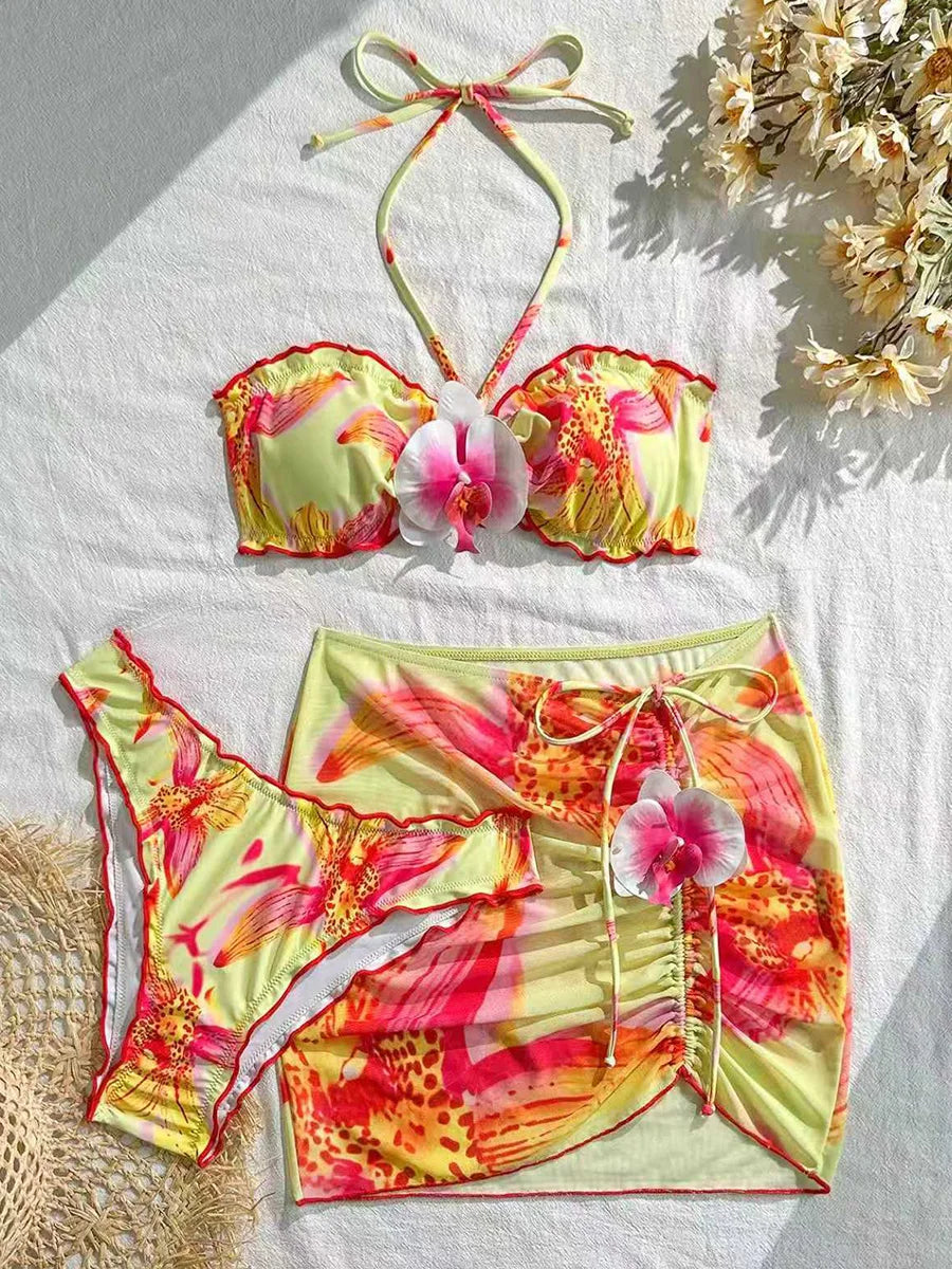 with Mesh Skirt 3D Flowers Halter Bandeau Bikini Women Swimsuit Female Swimwear Three-pieces Bikini Set Bathing Suit Beachwear