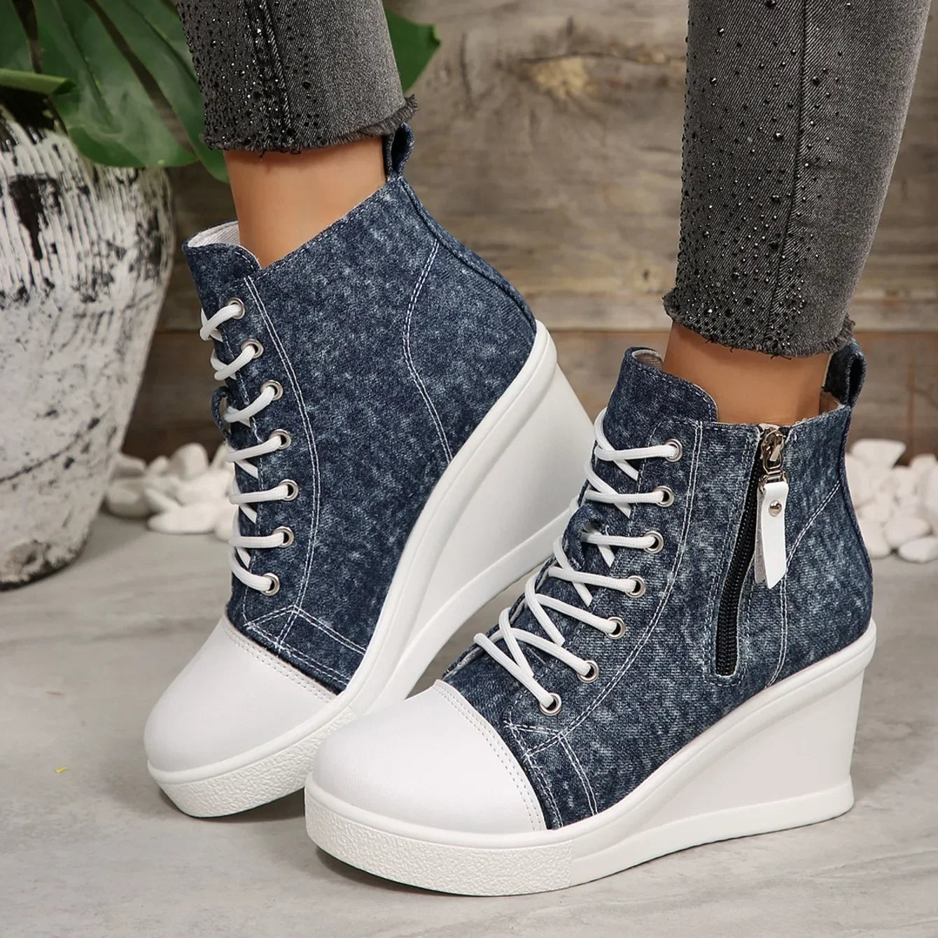 2025 New Women High Top Wedge Sneakers Blue Camouflage Shoes Woman Fashion Lightweight Lace Up Platform Ankle Sneakers Women