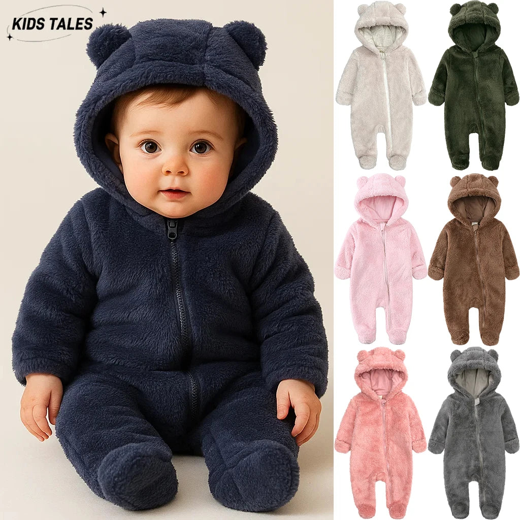 2026 Winter Baby Rompers Infant Fleece Bear Hooded Onesies Newborn Baby Boy Girl Zipper Jumpsuit Bodysuit Pyjamas
