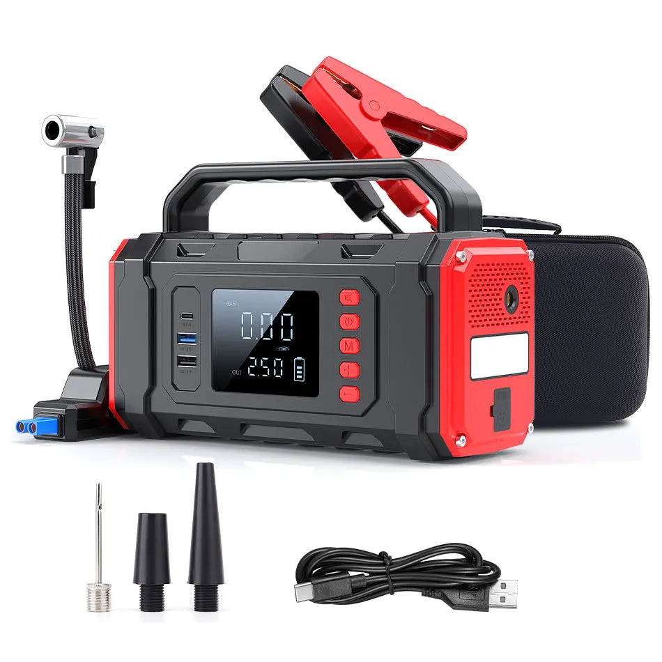 4‑IN‑1 Portable Car Jump Starter with Air Compressor, Tire Inflator, Power Bank with Fast Charging & LED Light for 12V Emergency