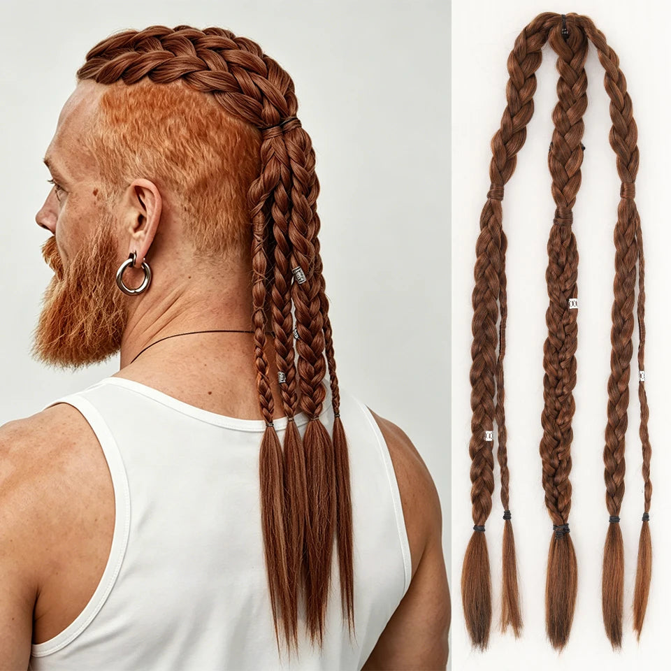 Long Braided Ponytail Extension Synthetic Twist Box Braids Pony Tail Hairpieces with Hair Ring Elastic Tie for Men Daily Party
