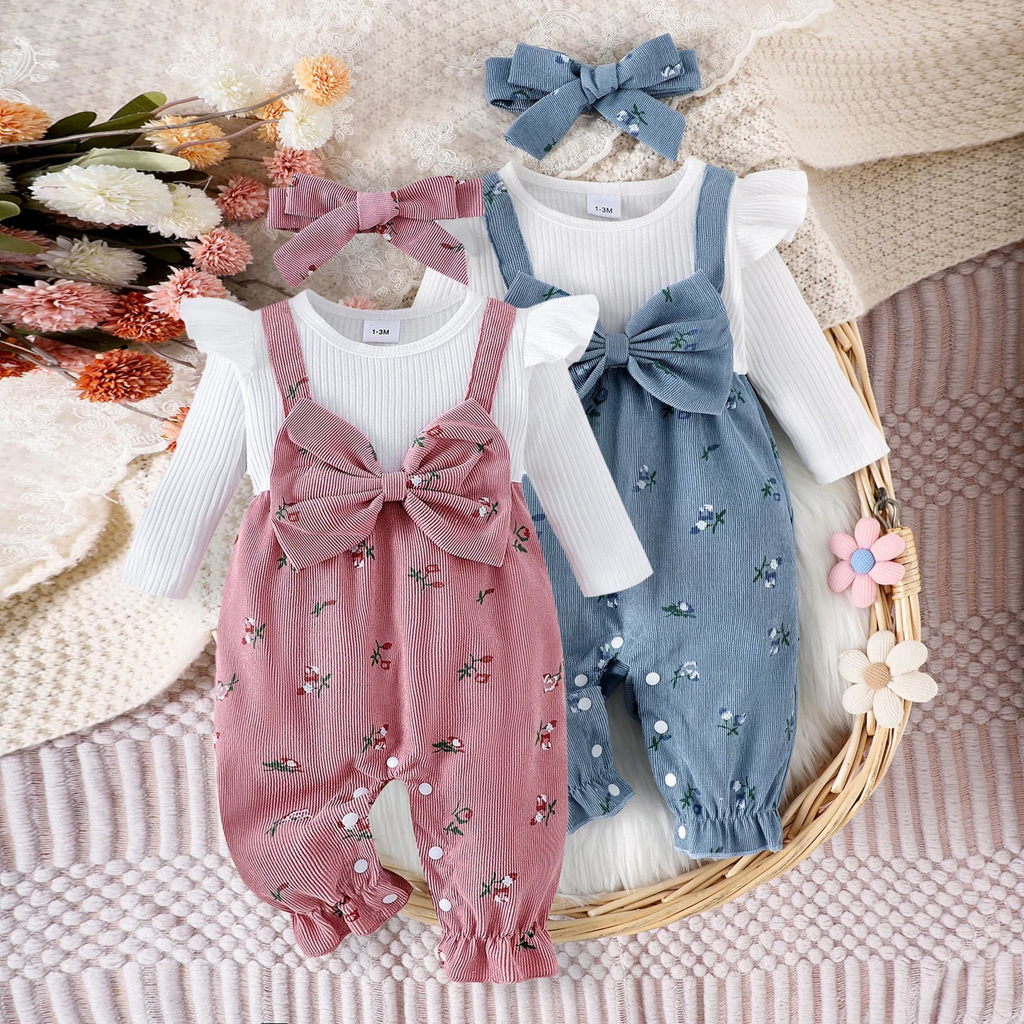 Sweety Baby Girls Long Sleeve Romper Floral Print Fake Two Pieces Patchwork Bow Jumpsuits Headband Set