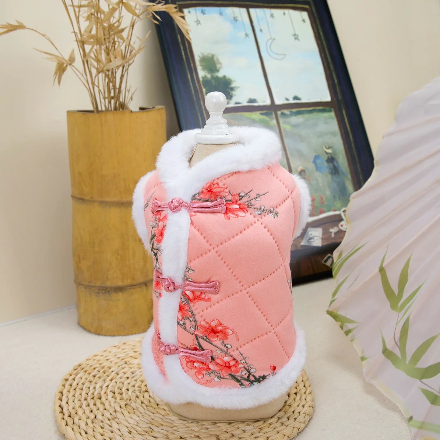 Vintage Pet Winter Warm Coat Puppy Clothes for Small and Medium Doggy Pomeranian Chihuahua Jacket With Flower Outdoor Clothing
