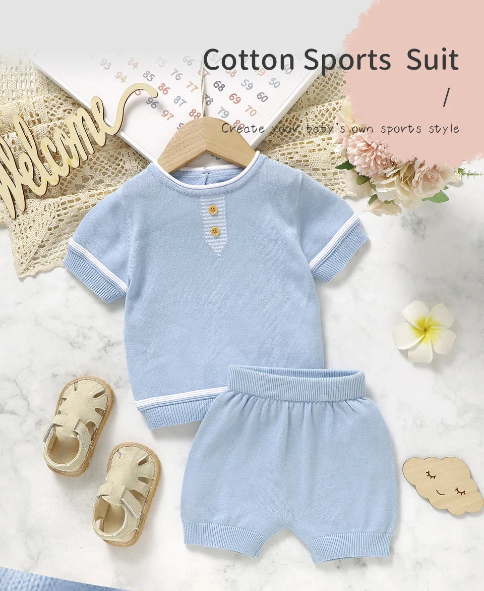 Summer Solid Short Sleeve T-Shirts+Shorts 2PCS Outfits for Newborn Boys Cotton Clothes Sets 0-18m Infant Knit Tracksuits Costume
