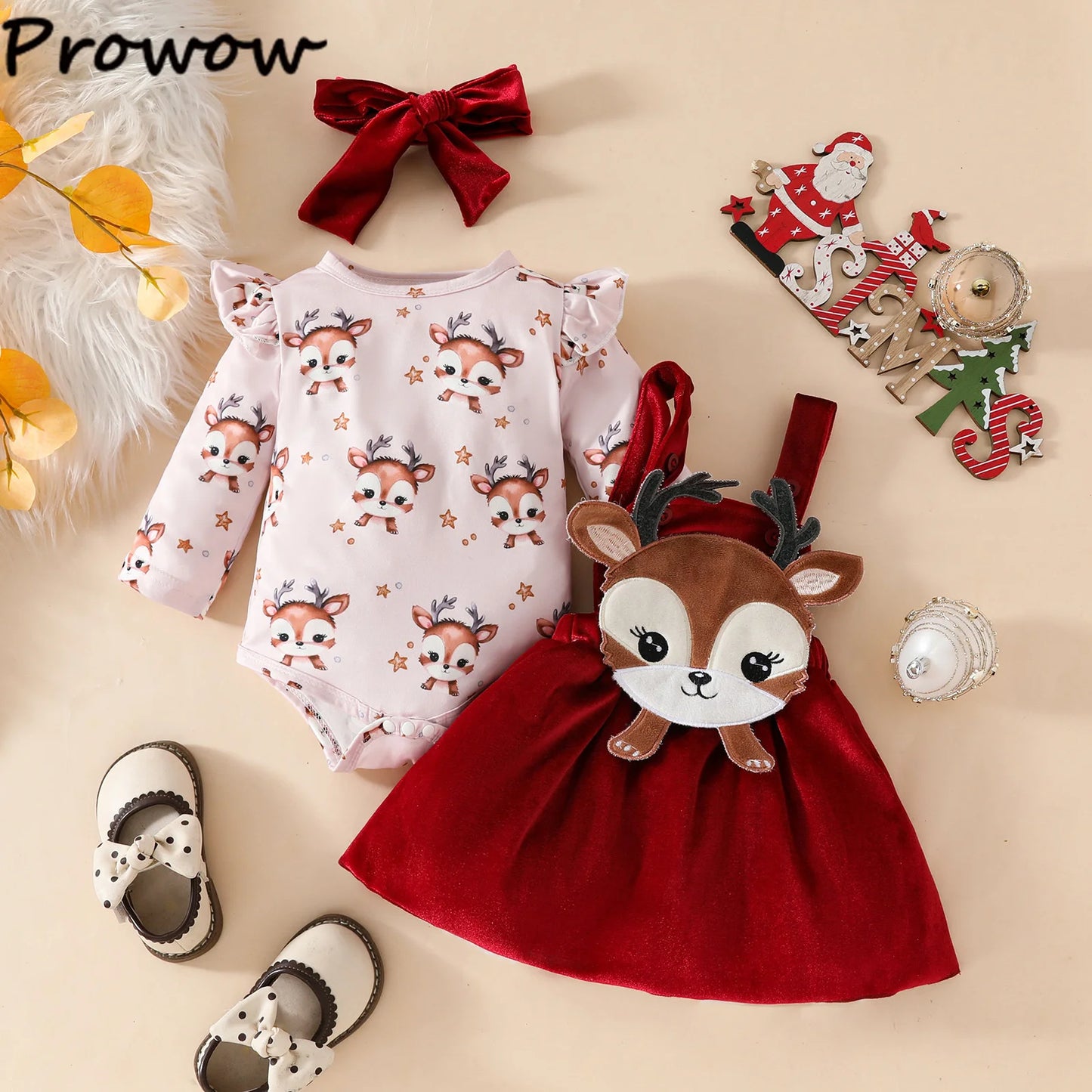 Prowow Baby Girls Christmas Outfits Set Red Bodysuit+Plaid Deer Suspender Dress Set 3pcs My First New Year Costume For Baby 2026