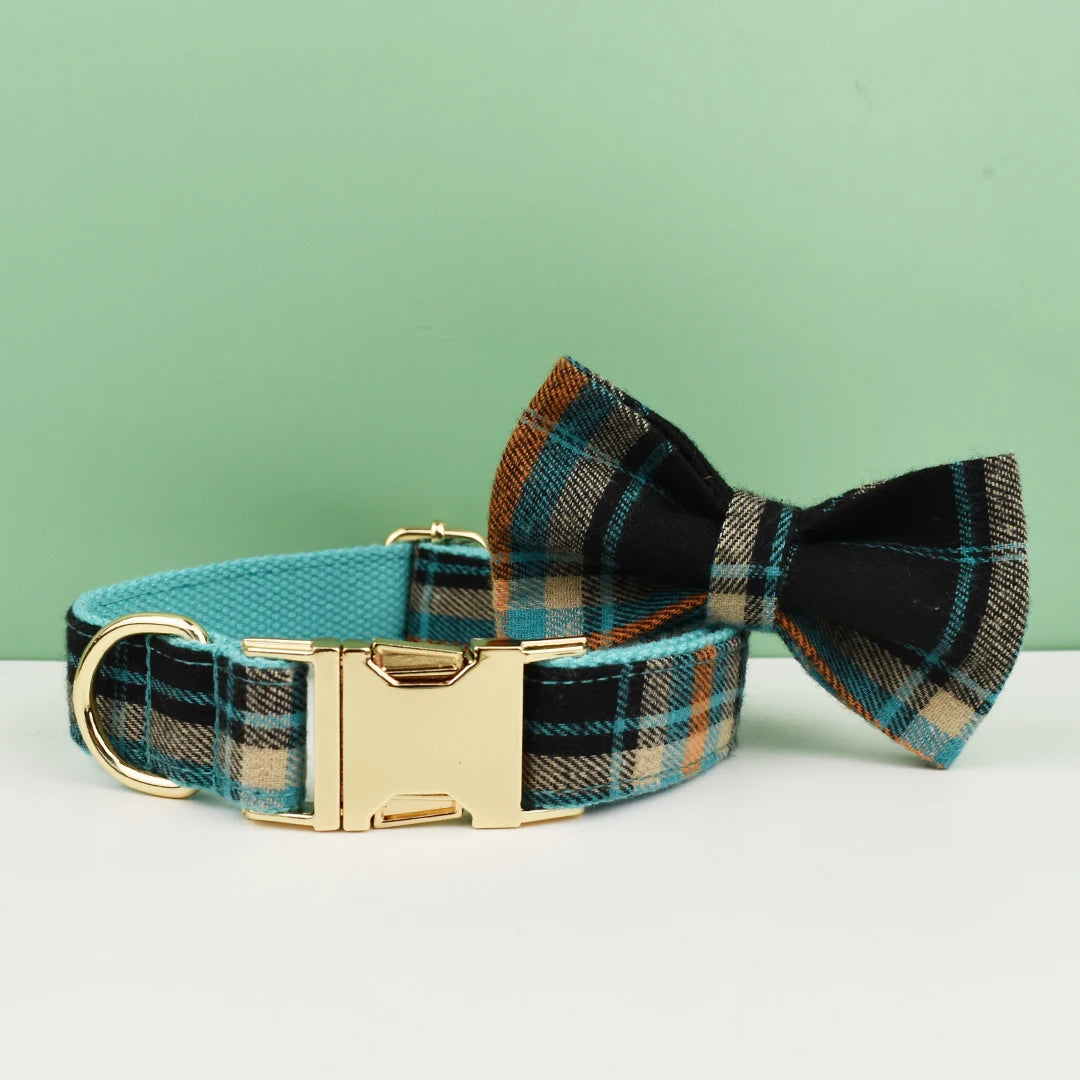 Plaid Dog Collar Designer With Bow Tie Custom Dog Accessories Luxury Pet collar leash set