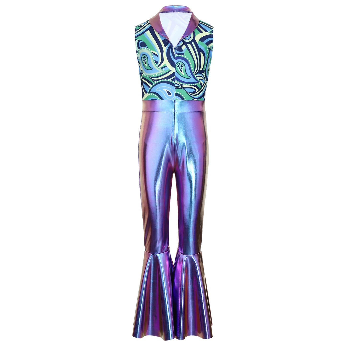 Children Boys 70-80s Disco Hippie Cowboy Costume Metallic Shiny Zipper Bell-bottom Jumpsuit for Halloween Carnival Cosplay Party