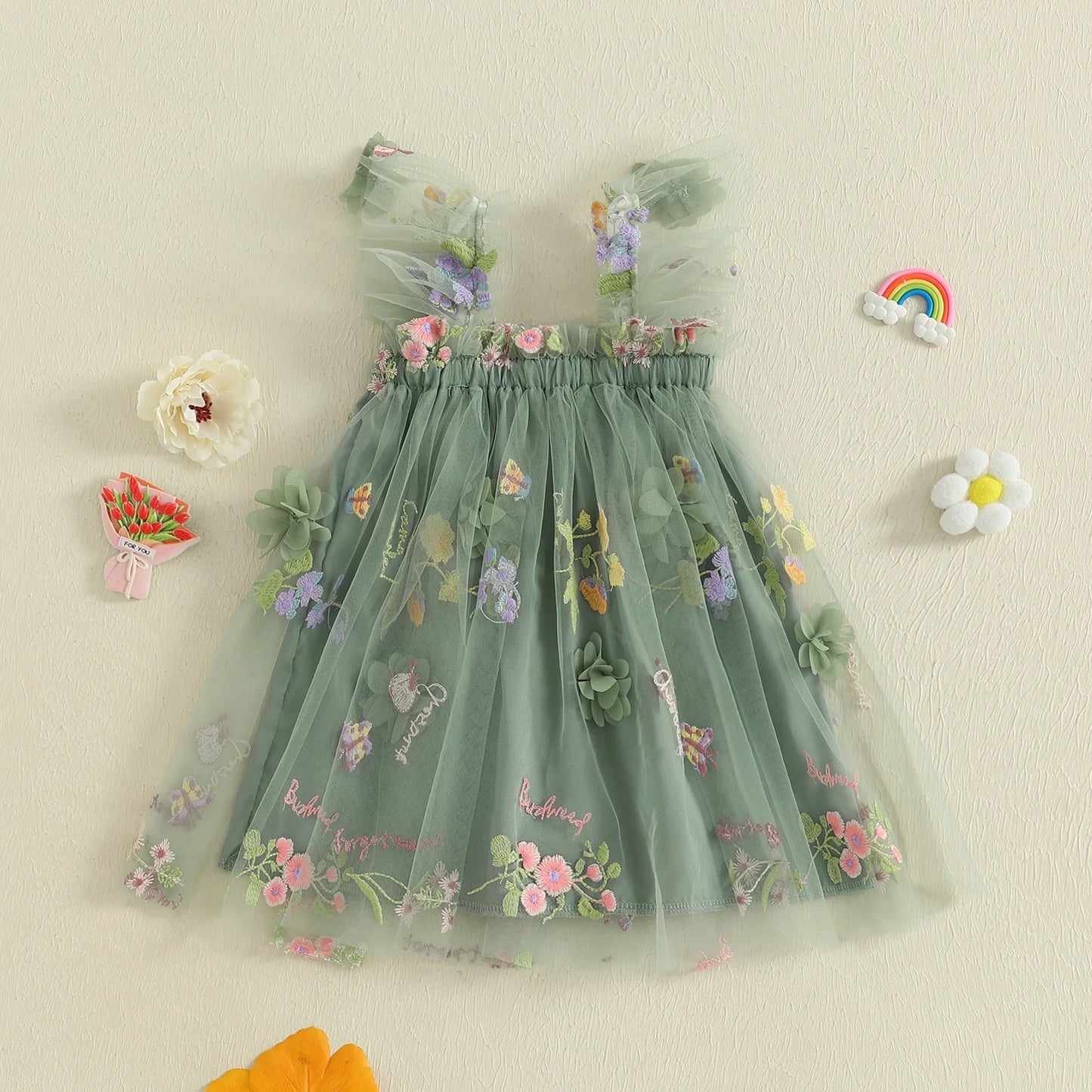 Baby Girl Square Neck Floral Embroidery Lovely Dress Kid Princess Lovely Dress Ruffle Sleeveless Toddler Party Dress Clothes