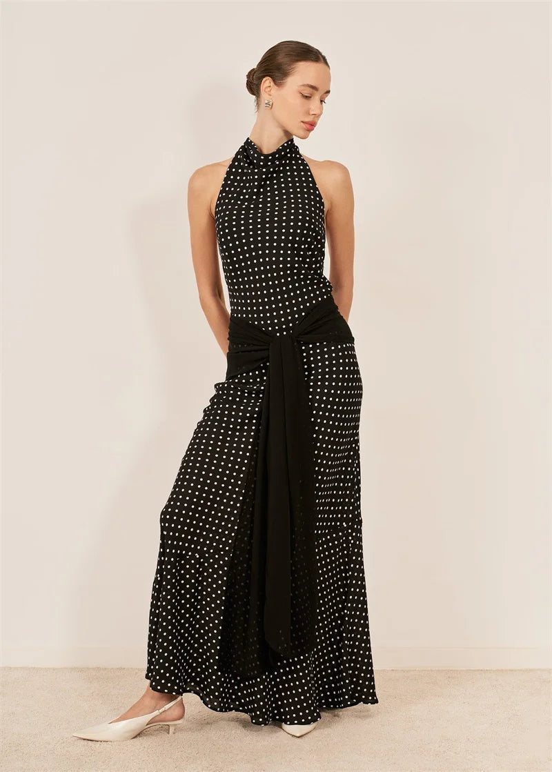 Blifanbo Polka Dot Halter Backless Sexy Maxi Dress Women Gown Ribbon Patchwork Off-shoulder Sleeveless Fashion Club Party Dress