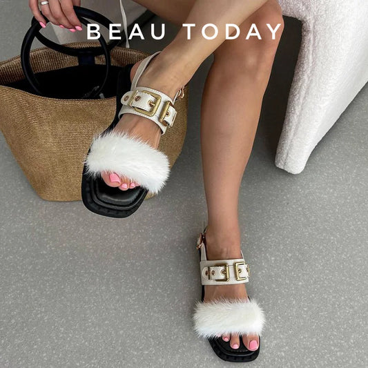 BeauToday Flat Sandals Women Cow Leather Square Toe Mink design Buckle Strap Elegant Female Furry Shoes Handmade 32372