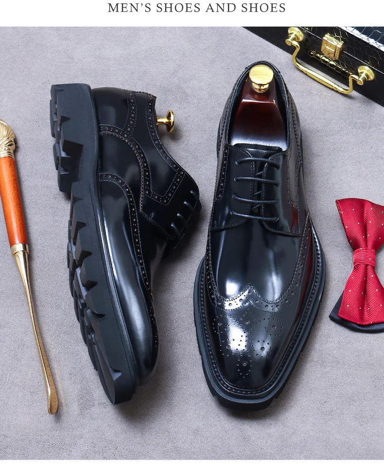 Size 38 To 46 Classic Italian Genuine Leather Men's Dress Shoes Black Lace-up Wingtip Oxfords Business Wedding Brogue Suit Shoes