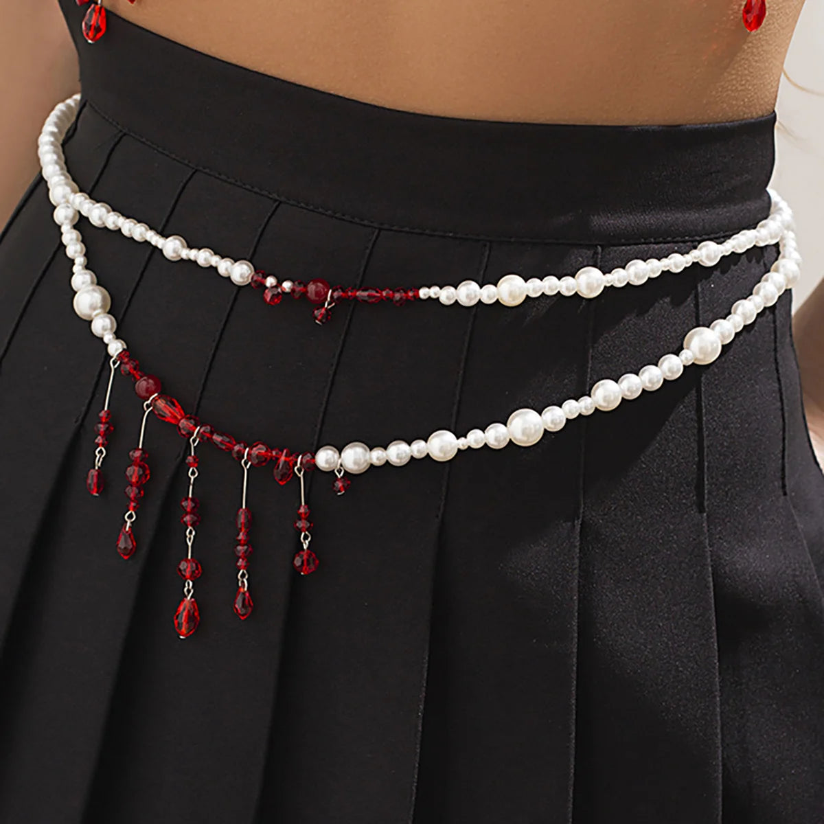 Salircon Punk Imitation Pearl Double Layer Waist Chain Gothic Red Crystal Bead Pendant Belly Chain Women Sexy Trend Body Jewelry